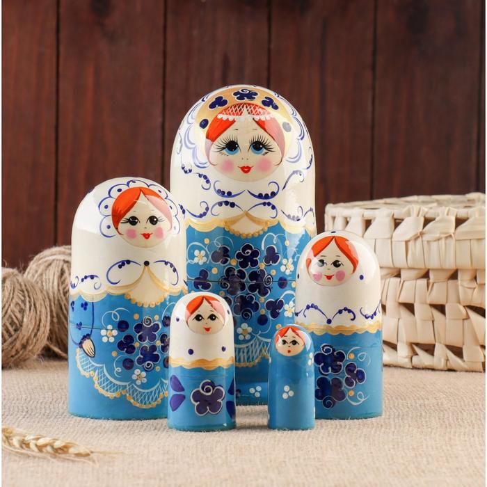 Матрёшка «Гжель», белый платок, 5 кукольная, 17 см
Матрёшка «Гжель», белый платок, 5 кукольная, 17 см