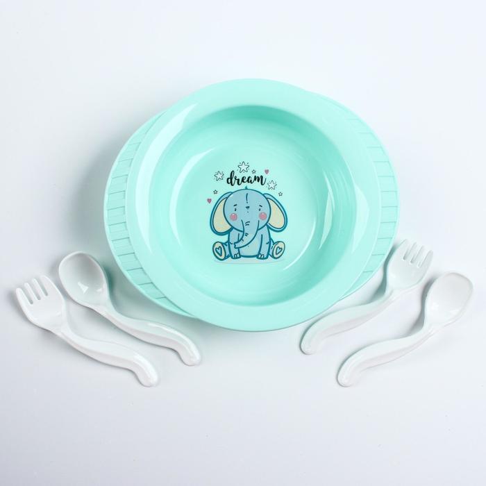 фото Набор детской посуды: тарелка на присоске, 500 мл, ложка, 2 шт., вилка, 2 шт., цвета микс полимербыт