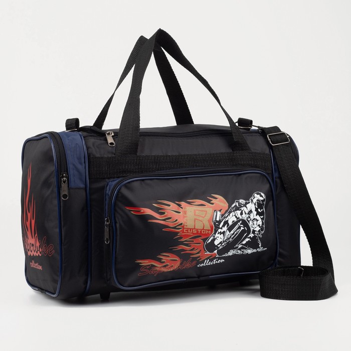 Сумка спортивная на молнии, 3 наружных кармана, длинный ремень, цвет чёрный/синий 
Сумка спортивная на молнии, 3 наружных кармана, длинный ремень, цвет чёрный/синий