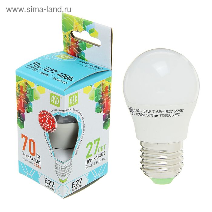 Лампа светодиодная ASD LED-ШАР-standard, Е27, 7.5 Вт, 230 В, 4000 К, 675 Лм
Лампа светодиодная ASD LED-ШАР-standard, Е27, 7.5 Вт, 230 В, 4000 К, 675 Лм