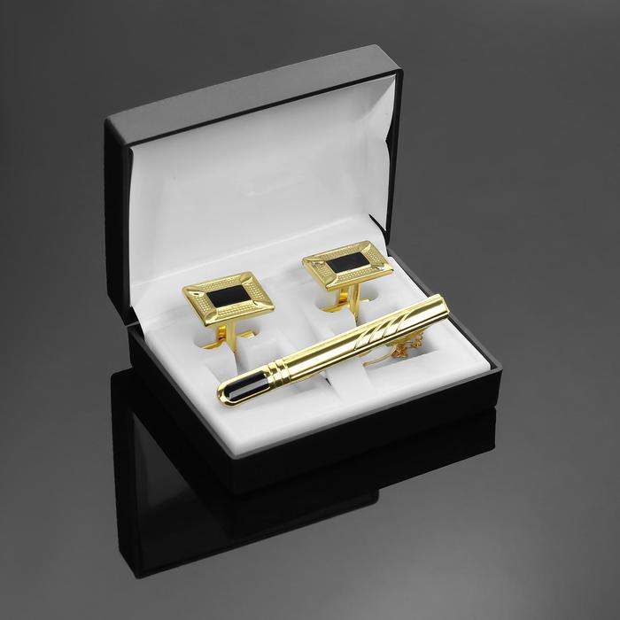 фото Набор мужской "запонки + зажим для галстука" рамка с эмалью, цвет чёрно-золотой