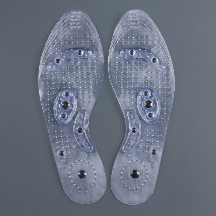 фото Стельки для обуви, универсальные, с магнитами, массажные, дышащие, силиконовые, р-р ru до 40 (р-р пр-ля до 42), 26 см, пара, цвет прозрачный stel'kishnurki