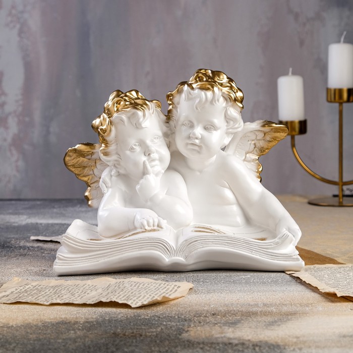 фото Статуэтка "ангелы пара с книгой" золотистый декор, 22 см premium gips