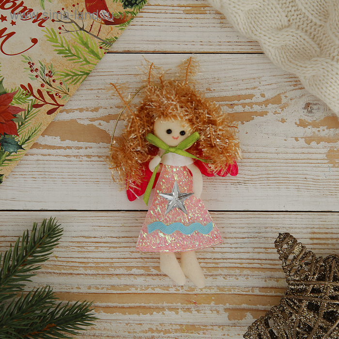 фото Мягкая подвеска "ангелочек - девочка со звездой" 11,5*7 см розовый зимнее волшебство