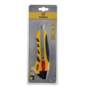 Нож универсальный TOPEX, прорезиненный корпус, квадратный фиксатор, усиленный, 18 мм
Нож универсальный TOPEX, прорезиненный корпус, квадратный фиксатор, усиленный, 18 мм