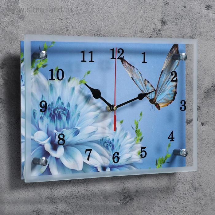 фото Часы настенные, серия: цветы, "бабочка и голубые цветы", 20х30 см сюжет
