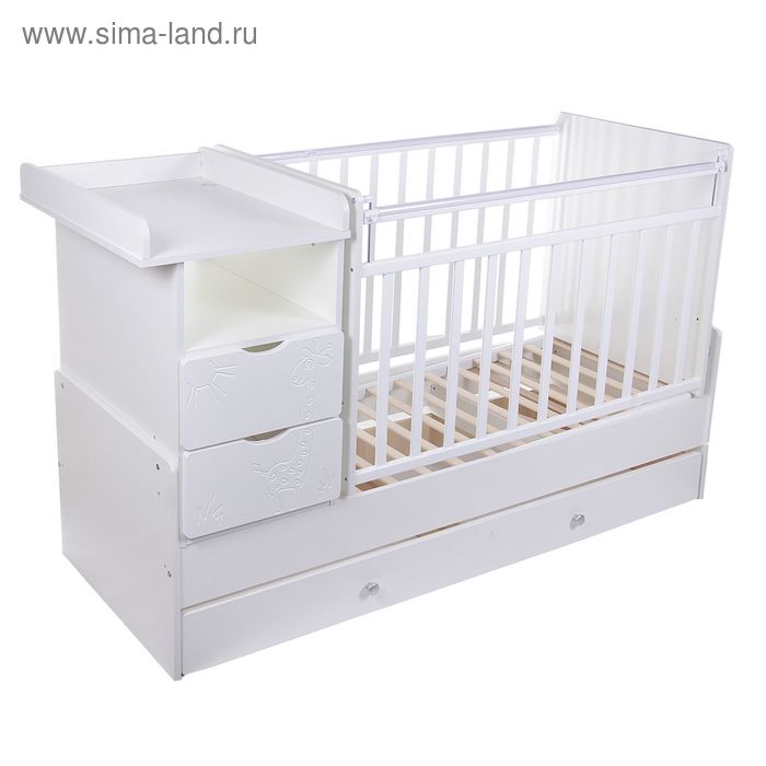 Кровать детская СКВ-5 Жираф (опуск. планка, накладки ПВХ, поперечный маятник, полка, 3 ящика) цвет белый
Кровать детская СКВ-5 Жираф (опуск. планка, накладки ПВХ, поперечный маятник, полка, 3 ящика) цвет белый