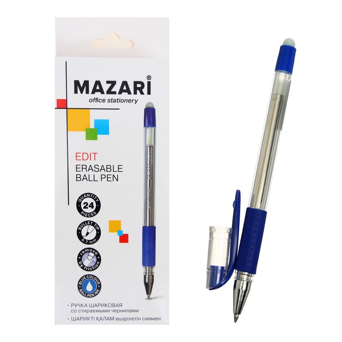 фото Ручка шариковая «стираемая» mazari eedit стираемые синие чернила, пишущий узел 0.7 мм, резиновый упор