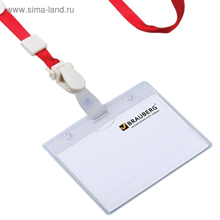 фото Лента для бейджей 45 см, съёмный пластиковый клип-замок с петелькой, красная brauberg