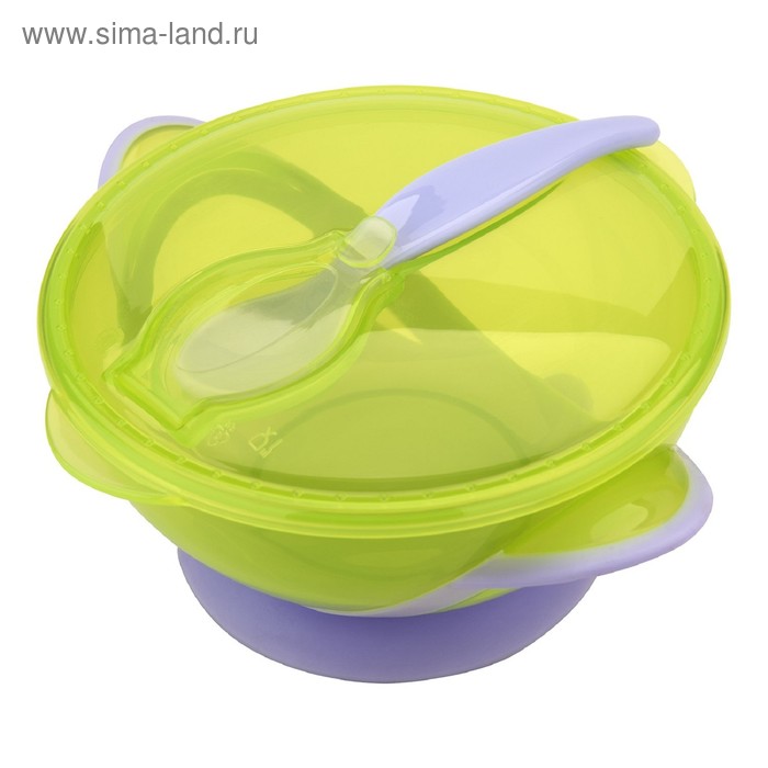 фото Набор для кормления, 3 предмета: тарелка на присоске, крышка, ложка, от 4 мес., цвет зеленый мир детства