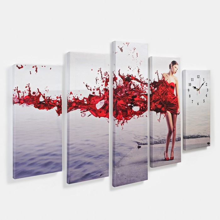 фото Часы настенные, модульные, серия: люди "девушка в красном", 80х140 см сюжет