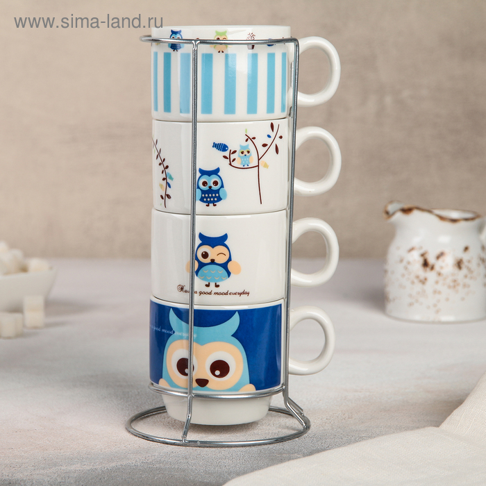 Набор кружек «Совушки», 180 мл, 4 шт, на металлической подставке, МИКС 
Набор кружек «Совушки», 180 мл, 4 шт, на металлической подставке, МИКС