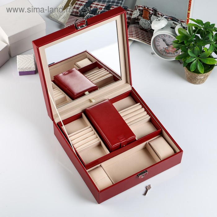 фото Шкатулка кожзам под часы 2 отделения и бижутерию "ромбы красные" матовая 8,5х25х25 см