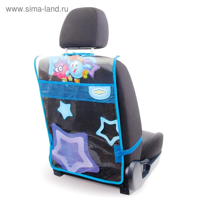 фото Накидка- незапинайка "смешарики" для защиты спинки переднего сиденья от ног ребёнка, мягкий прозрачный пвх, цвет синий/голубой, sm/kmt-010 krosh