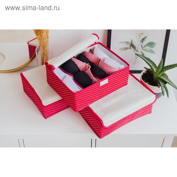 фото Набор органайзеров для белья с крышкой «горох», 32×24×12 см, 3 шт, цвет красный