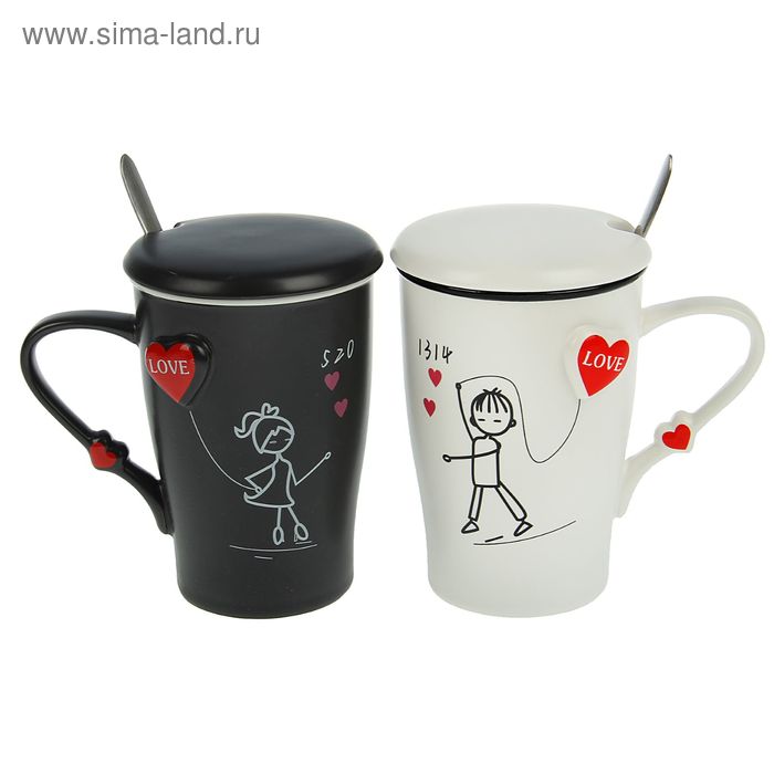фото Набор кружек «любовные», 400 мл, 2 шт, с крышками и ложками