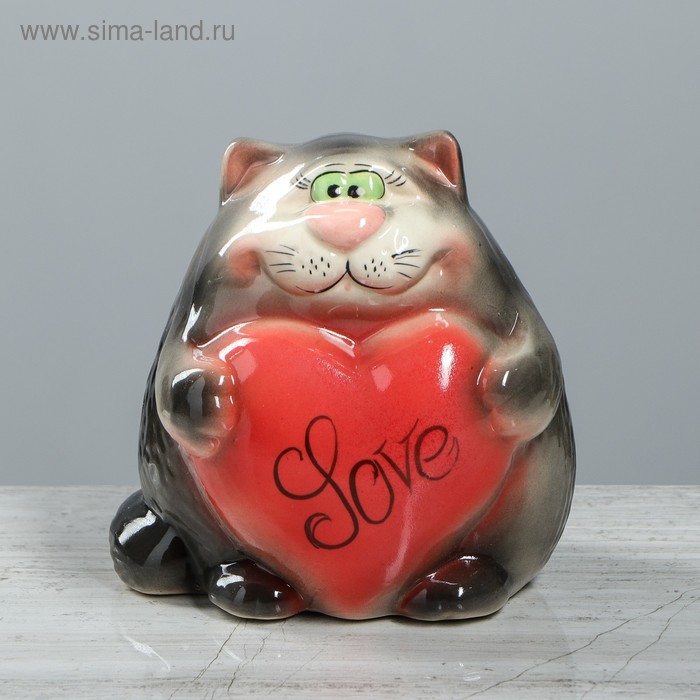 Копилка "Кот с сердцем", покрытие глазурь, серая, 16 см