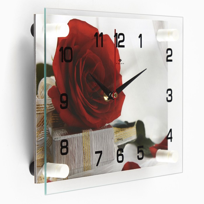 фото Часы настенные: цветы, "роза с подарком", бесшумные, 20 х 26 см рубин