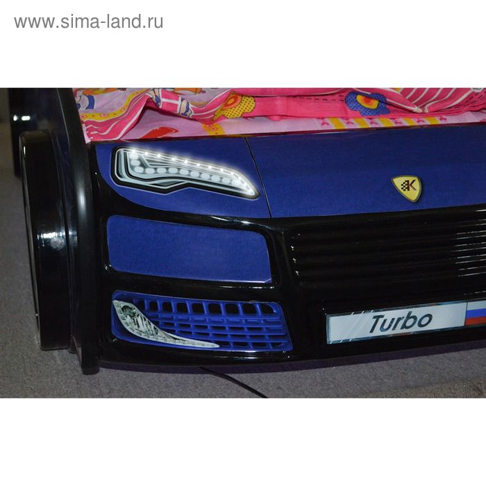 фото Кровать машина «турбо», цвет синий с рисунком, подсветка дна и фар