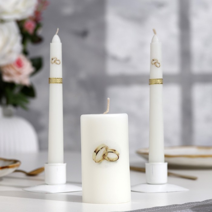 фото Свеча-цилиндр свадебная "обручальные кольца", 5х9,5 см, белая, домашний очаг, ручная работа мастерская «свечной двор»