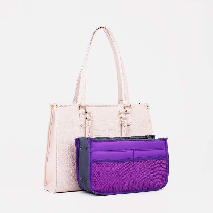 фото Косметичка-вкладыш, 3 отдела на молниях, 10 наружных карманов, цвет фиолетовый