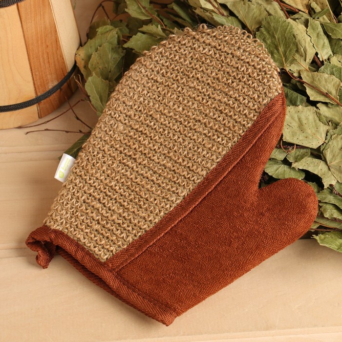 фото Мочалка из рами, варежка с хлопком, 18*21 см.