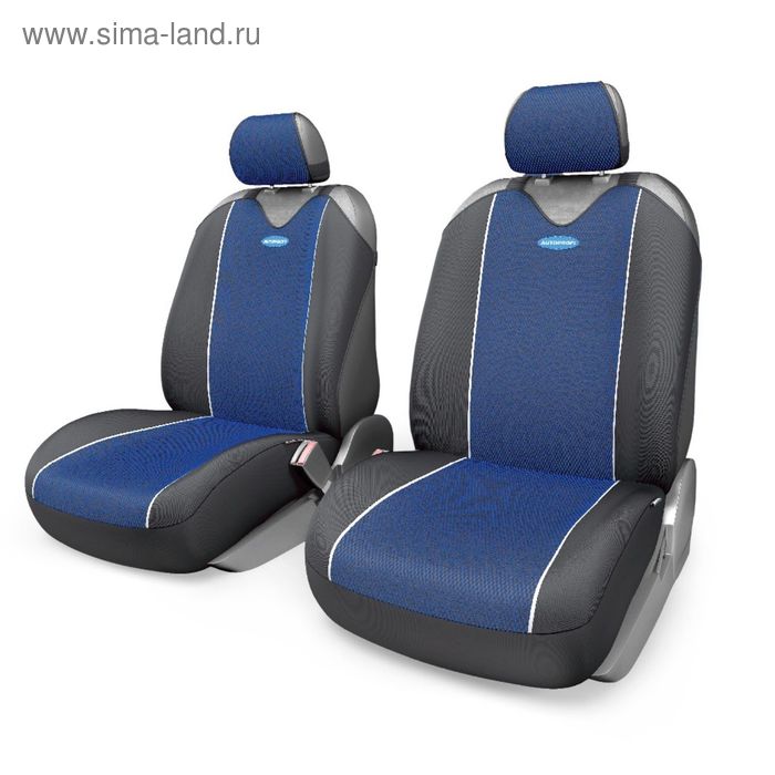 фото Чехол-майка autoprofi carbon plus crb-402pf bk/bl, передний ряд, закрытое сиденье, полиэстер под карбон, 4 предмета, цвет чёрный/синий