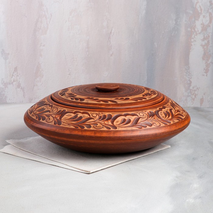 Казан для плова с крышкой, роспись ангобом, красная глина, 3 л
Казан для плова с крышкой, роспись ангобом, красная глина, 3 л