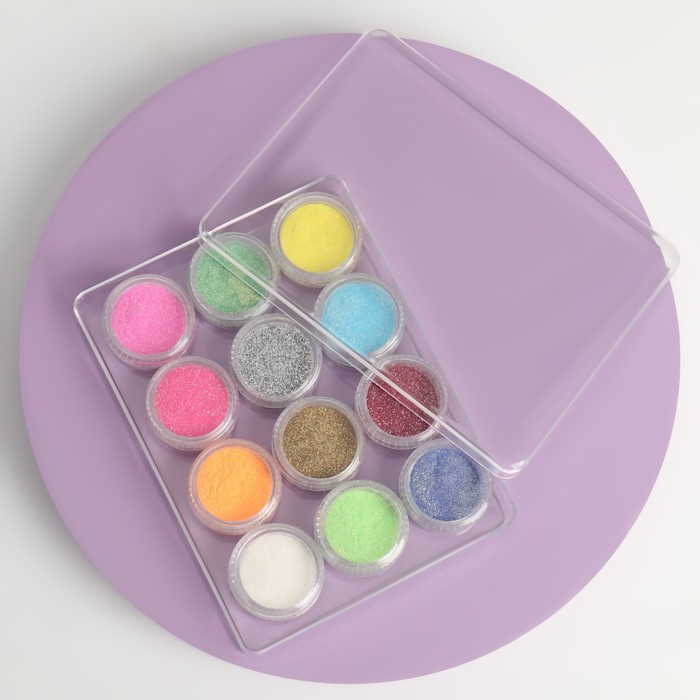 фото Блёстки для декора, мелкие, в пластиковом органайзере, набор 12 баночек, разноцветные queen fair