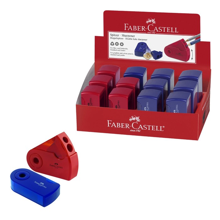 фото Точилка faber-castell с контейнером sleeve 2 отверстия, красный/синий