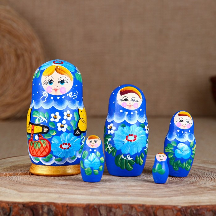 фото Матрёшка «корзинка», голубой платок, 5 кукольная, 10,5 см