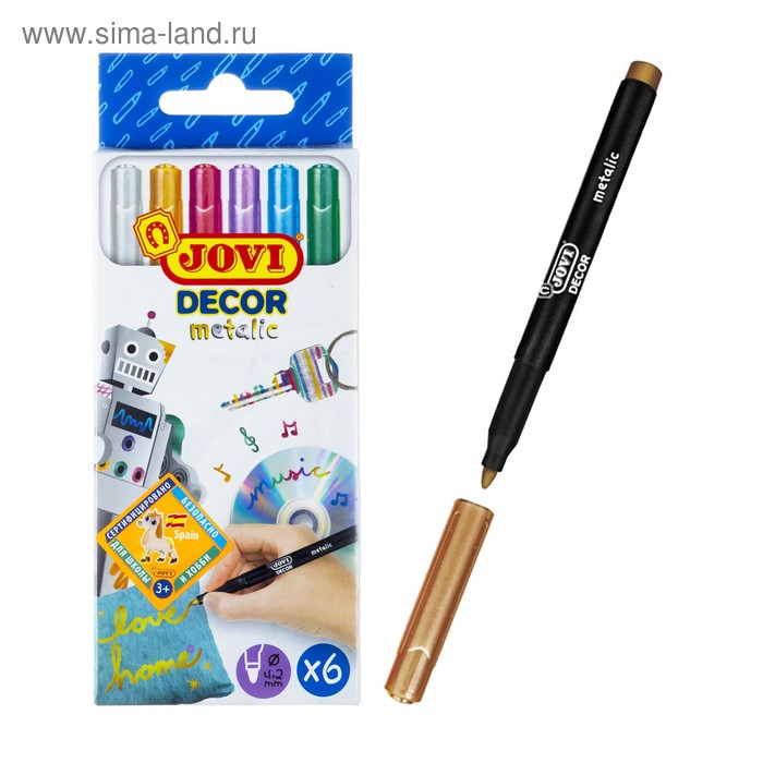 Набор маркеров для декора, 6 цветов, 2 мм, JOVI "Décor metalic" металлик, пулевидные, картонная упаковка, европодвес
Набор маркеров для декора, 6 цветов, 2 мм, JOVI "Décor metalic" металлик, пулевидные, картонная упаковка, европодвес