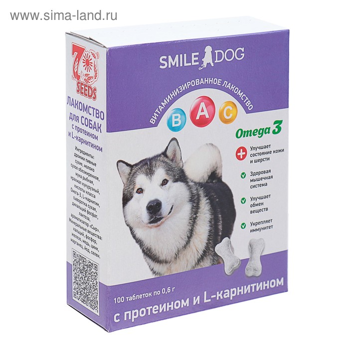 Витамины Smile Dog для собак, с протеином и L-карнитином, 100 таб
Витамины Smile Dog для собак, с протеином и L-карнитином, 100 таб