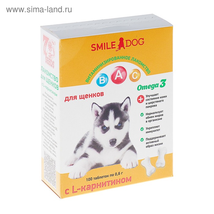 Витамины Smile Dog для щенков, с L-карнитином, 100 таб
Витамины Smile Dog для щенков, с L-карнитином, 100 таб
