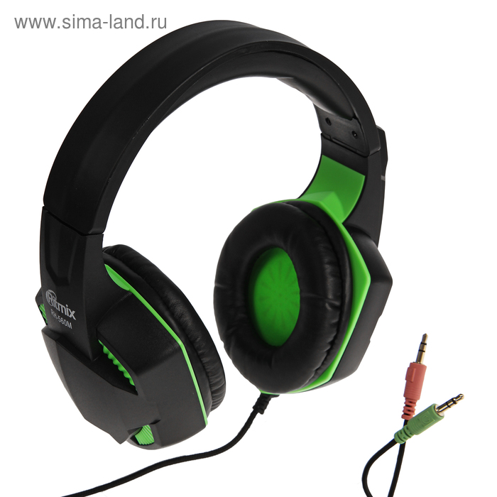 фото Наушники ritmix rh-560m gaming, игровые, полноразмерные,микрофон,3.5мм, 1.8 м, черно-зеленые