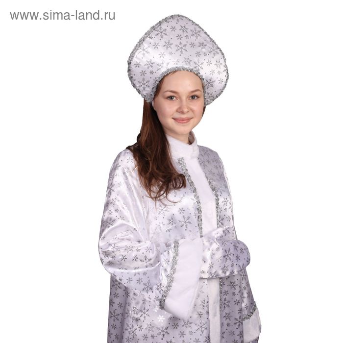 фото Карнавальный костюм "снегурочка", атлас, шуба расклешённая со снежинками, кокошник, варежки, р-р 42 страна карнавалия