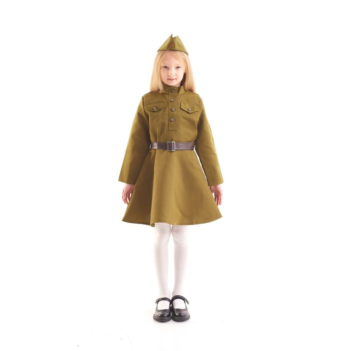 фото Карнавальный костюм для девочки, военное платье, пилотка, ремень, 5-7 лет, рост 122-134 см бока