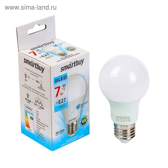 Лампа cветодиодная Smartbuy, A60, E27, 7 Вт, 4000 К, дневной белый свет
Лампа cветодиодная Smartbuy, A60, E27, 7 Вт, 4000 К, дневной белый свет