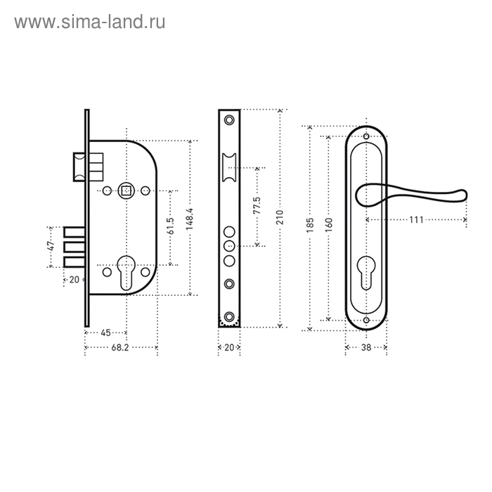 фото Замок врезной "аллюр" 132/3-61а(1232) ab, с ручкой, малый корпус, цвет хром