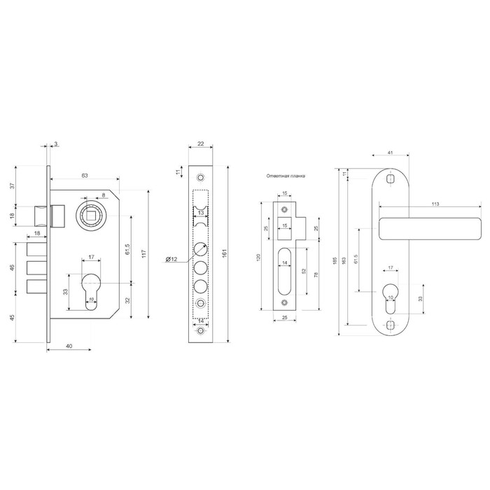 фото Замок врезной apecs 1023/60-cr, с ручкой, цвет хром