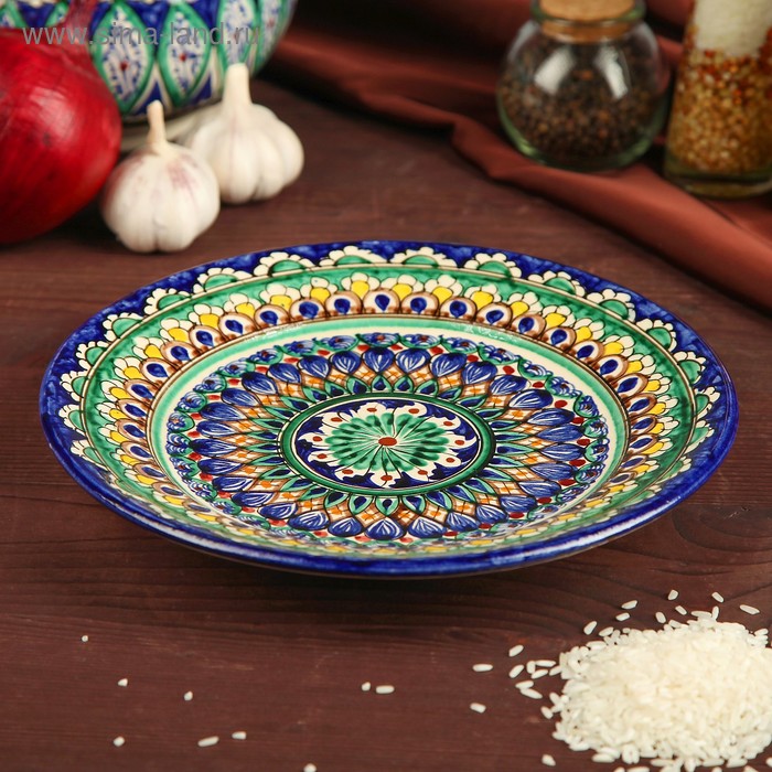 фото Тарелка риштанская керамика "цветы", 22 см, синяя микс шафран