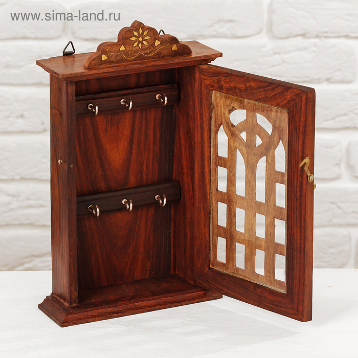 фото Ключница "стеклянный замок с сердечками" дерево 6х16х24 см