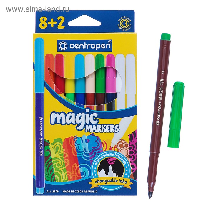 Фломастеры 10 цветов 3.9 мм Centropen 2549 Magic, линия 1,8 мм, меняют цвет, 8 цветов + 2 поглатителя, картонная упаковка
Фломастеры 10 цветов 3.9 мм Centropen 2549 Magic, линия 1,8 мм, меняют цвет, 8 цветов + 2 поглатителя, картонная упаковка