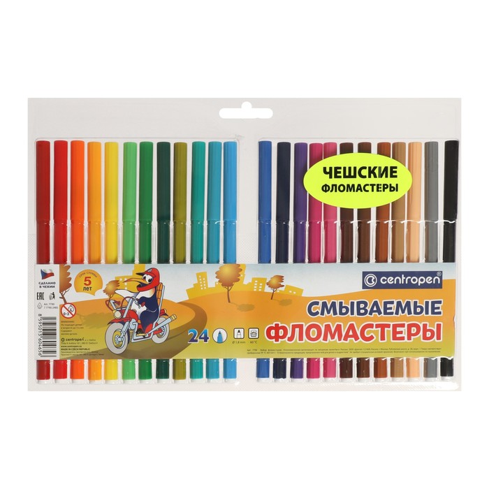 Фломастеры 24 цвета, Centropen Washable 7790/24, смываемые, линия 1.0 мм, в блистере
Фломастеры 24 цвета, Centropen Washable 7790/24, смываемые, линия 1.0 мм, в блистере