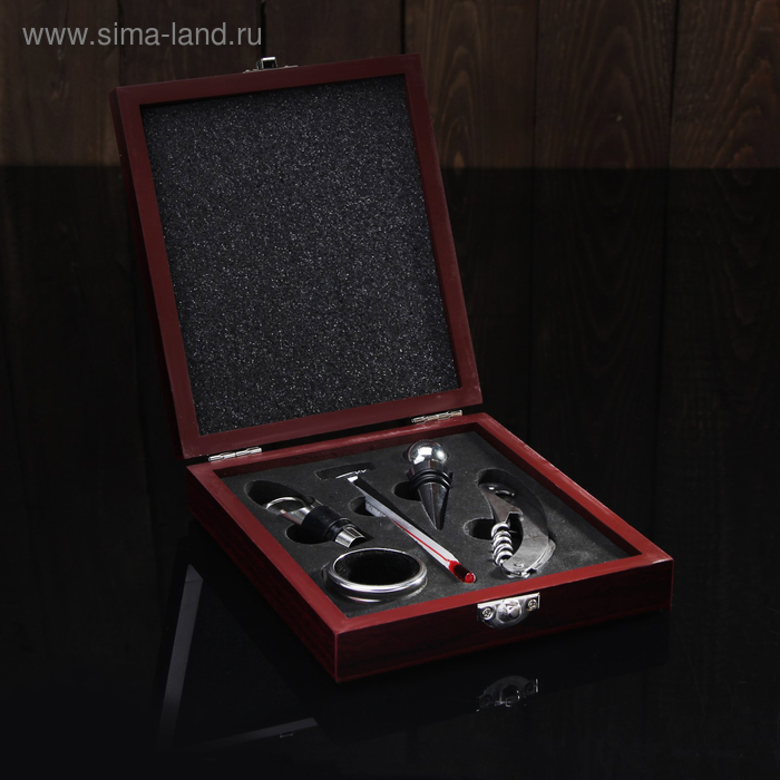 Набор для вина 5 предметов: штопор, пробка, термометр, каплеуловитель, кольцо
Набор для вина 5 предметов: штопор, пробка, термометр, каплеуловитель, кольцо