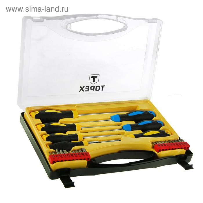 Отвертки и насадки TOPEX, 27 шт., CrV, магнит, закаленное жало, 2К рукоятка, пласт. кейс