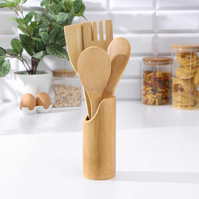 фото Набор кухонных принадлежностей «дуновение леса», 4 предмета на подставке: 2 лопатки, 2 ложки