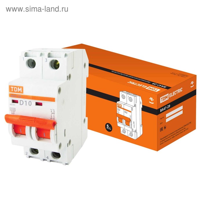 Выключатель автоматический TDM ВА47-29, 2Р, 10 А, 4.5 кА, характеристика D
Выключатель автоматический TDM ВА47-29, 2Р, 10 А, 4.5 кА, характеристика D