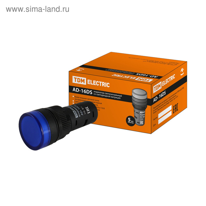 фото Лампа tdm ad-16ds(led)матрица, d=16 мм, синий, 230 в, ас, sq0702-0074 tdm electric
