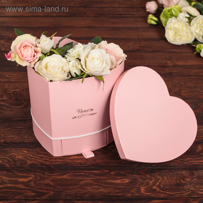 Коробка подарочная Flowers "Сердце" с ящиком, розовая, 23,5 х 21 х 21 см